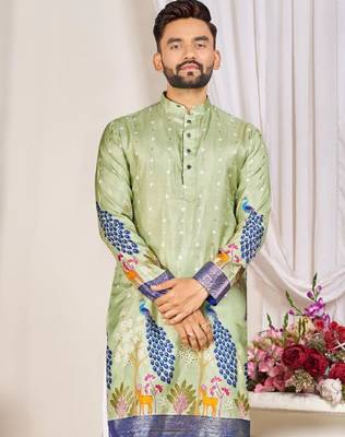Pista green color dola silk printed men's kurta payjama set 2