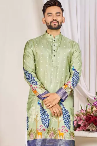 Pista green color dola silk printed men's kurta payjama set