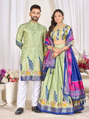 Pista green color dola silk printed men's kurta payjama set 3