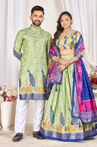 Pista green color dola silk printed men's kurta payjama set