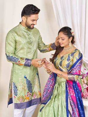 Pista green color dola silk printed men's kurta payjama set 4