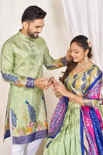 Pista green color dola silk printed men's kurta payjama set