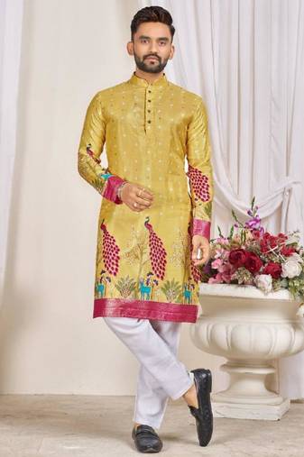 Yellow color dola silk printed men's kurta payjama set