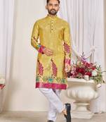 Yellow color dola silk printed men's kurta payjama set