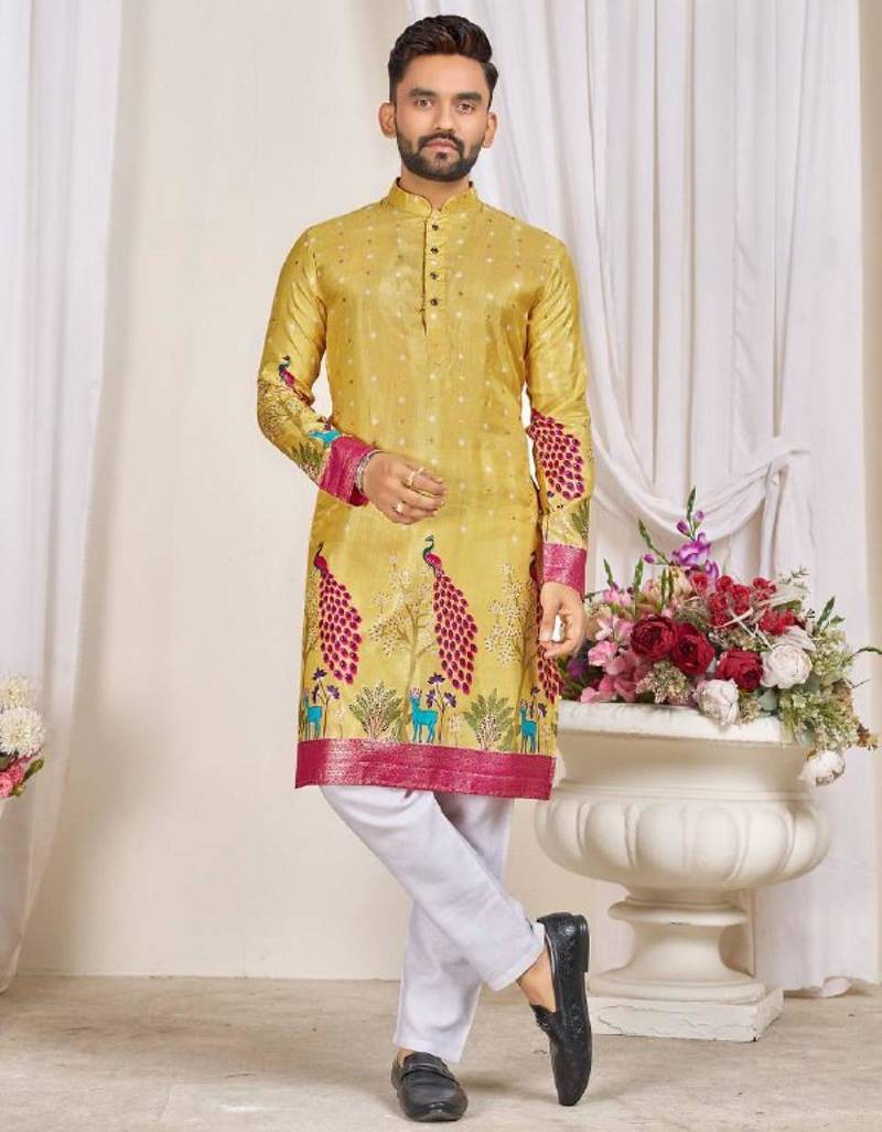 Yellow color dola silk printed men's kurta payjama set