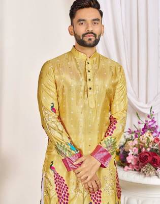 Yellow color dola silk printed men's kurta payjama set 2