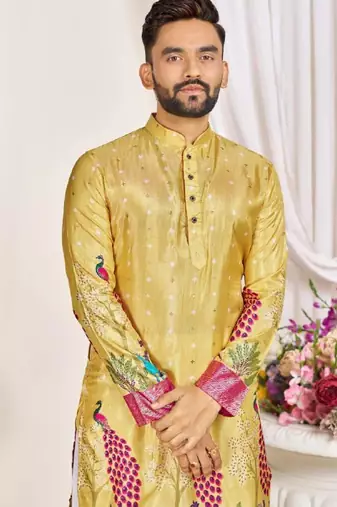 Yellow color dola silk printed men's kurta payjama set