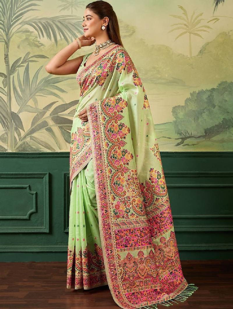 Floral embroidered pashmina handloom kanjeevaram saree