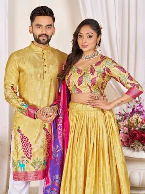 Yellow color dola silk printed men's kurta payjama set 4