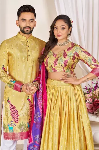 Yellow color dola silk printed men's kurta payjama set