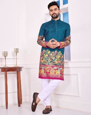 Blue color dola silk patola with foil printed kurta set 1
