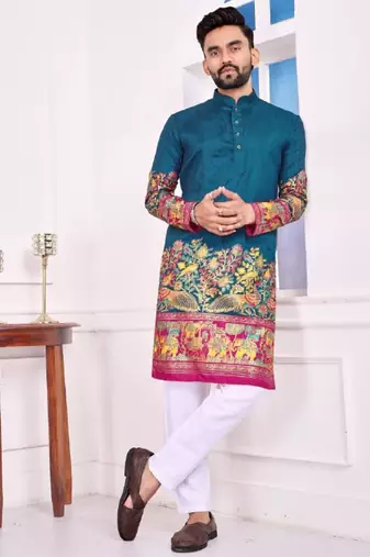Blue color dola silk patola with foil printed kurta set