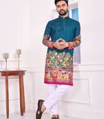 Blue color dola silk patola with foil printed kurta set
