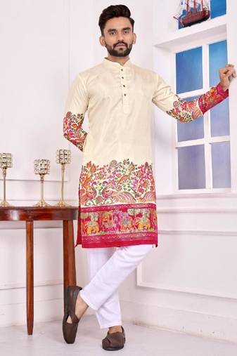 Cream color dola silk patola with foil printed kurta set