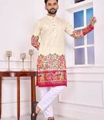 Cream color dola silk patola with foil printed kurta set