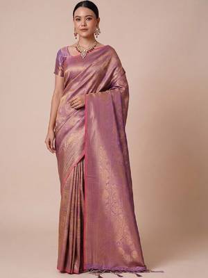 Lavender kanjivaram woven design sarees with blouse piece unstiched blouse 1