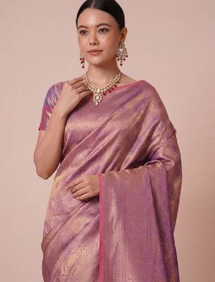 Lavender kanjivaram woven design sarees with blouse piece unstiched blouse 2
