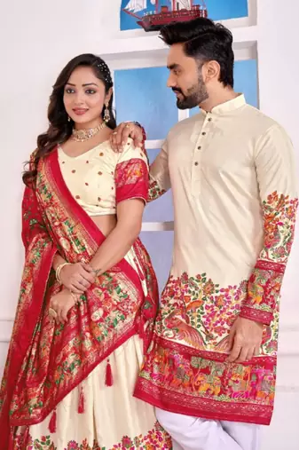 Cream color dola silk patola with foil printed kurta set