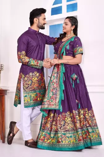 Purple color dola silk patola with foil printed kurta set