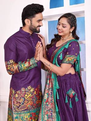 Purple color dola silk patola with foil printed kurta set 3