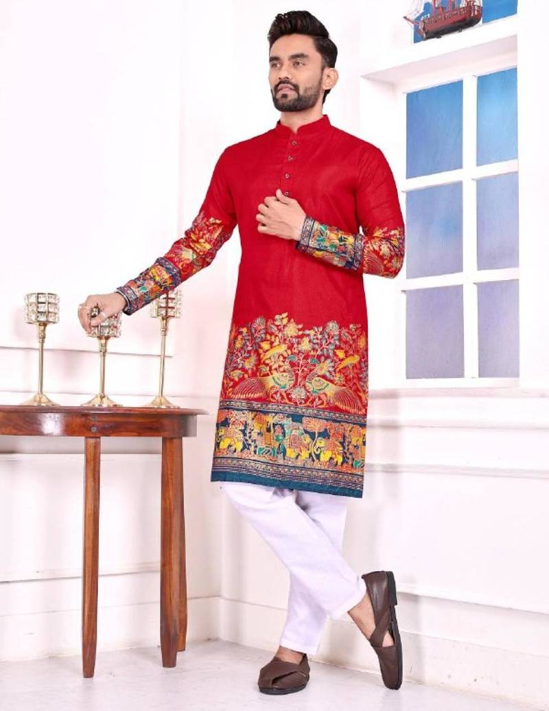 Red color dola silk patola with foil printed kurta set