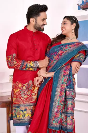 Red color dola silk patola with foil printed kurta set