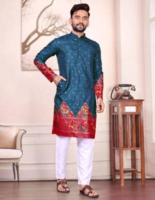 Blue color dola silk patola with foil printed kurta set 1