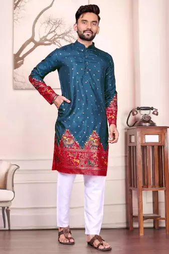 Blue color dola silk patola with foil printed kurta set