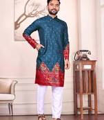 Blue color dola silk patola with foil printed kurta set