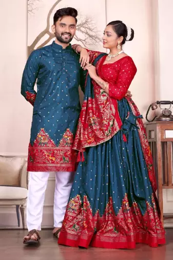 Blue color dola silk patola with foil printed kurta set