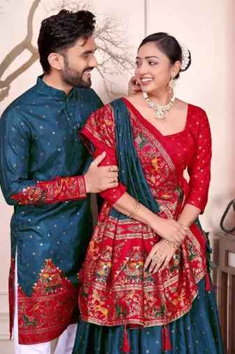Blue color dola silk patola with foil printed kurta set