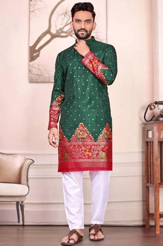 Green color dola silk patola with foil printed kurta set