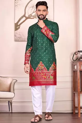 Green color dola silk patola with foil printed kurta set