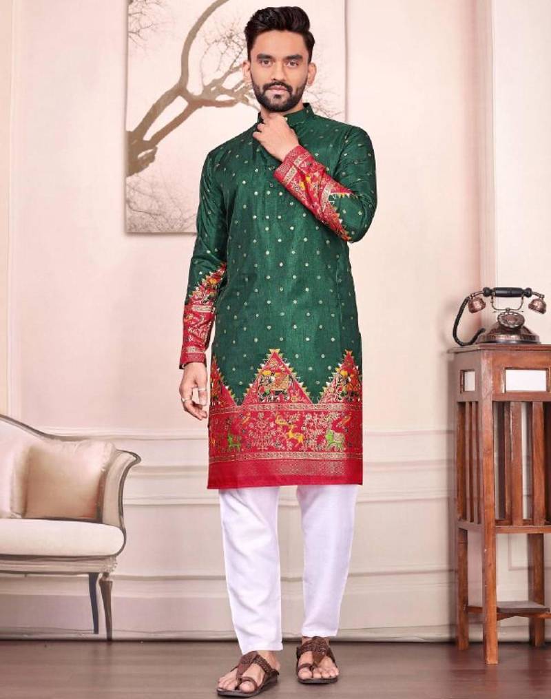 Green color dola silk patola with foil printed kurta set