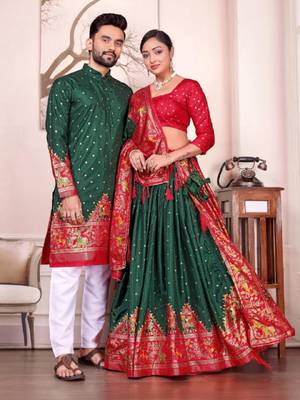 Green color dola silk patola with foil printed kurta set 2