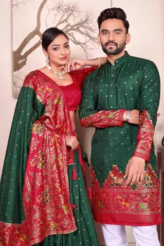 Green color dola silk patola with foil printed kurta set