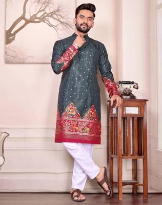 Grey color dola silk patola with foil printed kurta set 1