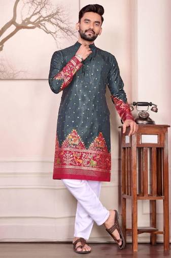 Grey color dola silk patola with foil printed kurta set