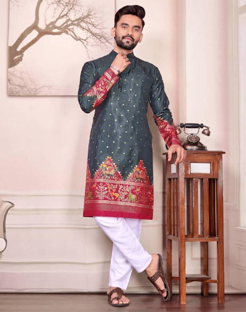 Grey color dola silk patola with foil printed kurta set