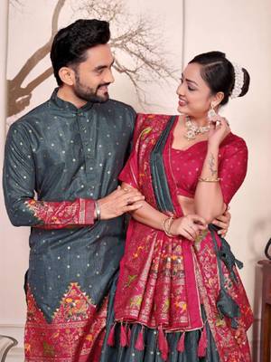 Grey color dola silk patola with foil printed kurta set 3