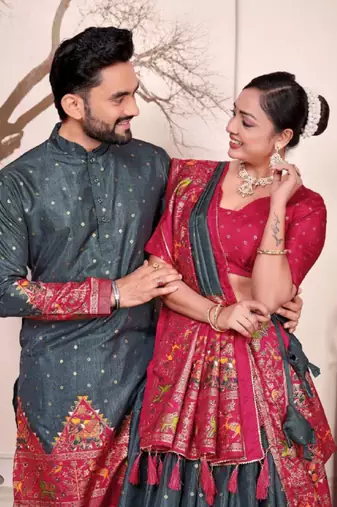Grey color dola silk patola with foil printed kurta set