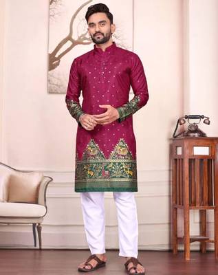 Magenta color dola silk patola with foil printed kurta set 1