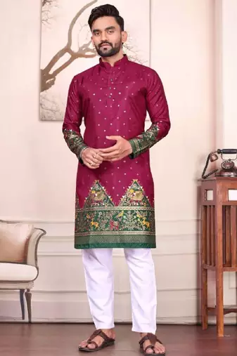 Magenta color dola silk patola with foil printed kurta set