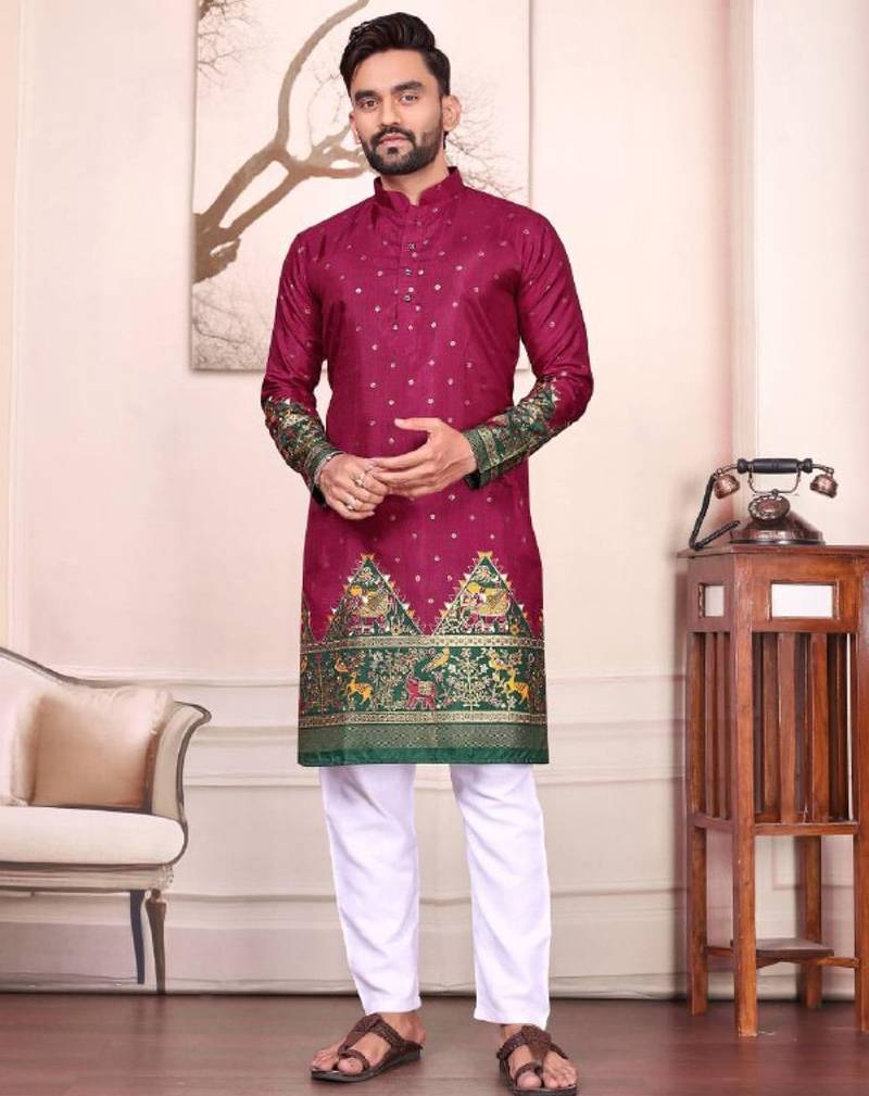 Magenta color dola silk patola with foil printed kurta set