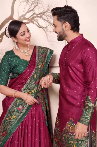 Magenta color dola silk patola with foil printed kurta set