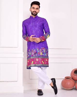 Blue color dola silk patola with foil printed kurta set 1