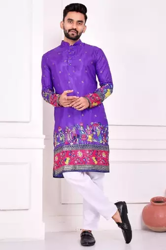 Blue color dola silk patola with foil printed kurta set