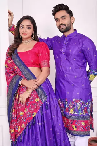 Blue color dola silk patola with foil printed kurta set