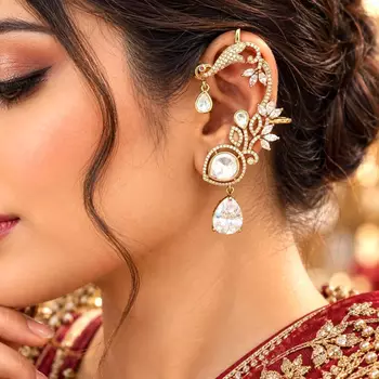 Kundan Green Stone Ear Cuff Earrings, Indian Bridal Jewelry, Floral Ear Climbers 1