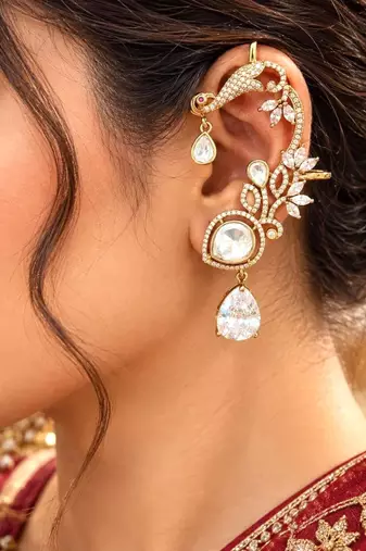 Kundan Green Stone Ear Cuff Earrings, Indian Bridal Jewelry, Floral Ear Climbers